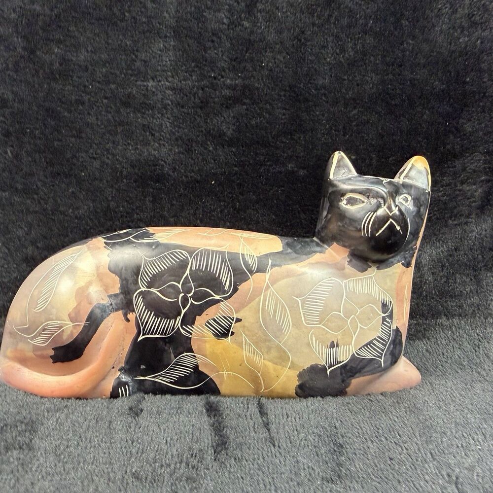Cat Mexican Tonala Style Pottery Figurine Hand Painted Floral Folk Art 7” VTG
